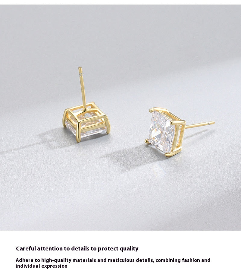 Elegant Copper Micro Inlaid Zircon Square Stud Earrings with Four-claw Setting