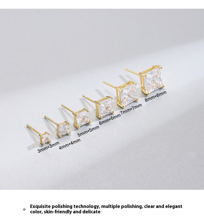 Elegant Copper Micro Inlaid Zircon Square Stud Earrings with Four-claw Setting