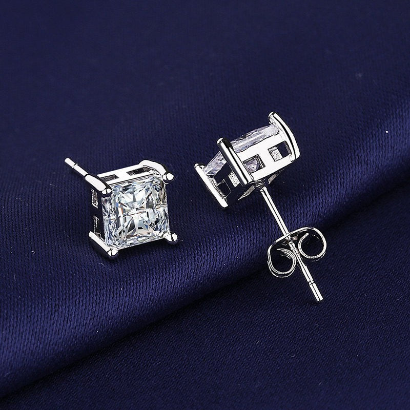 Elegant Copper Micro Inlaid Zircon Square Stud Earrings with Four-claw Setting